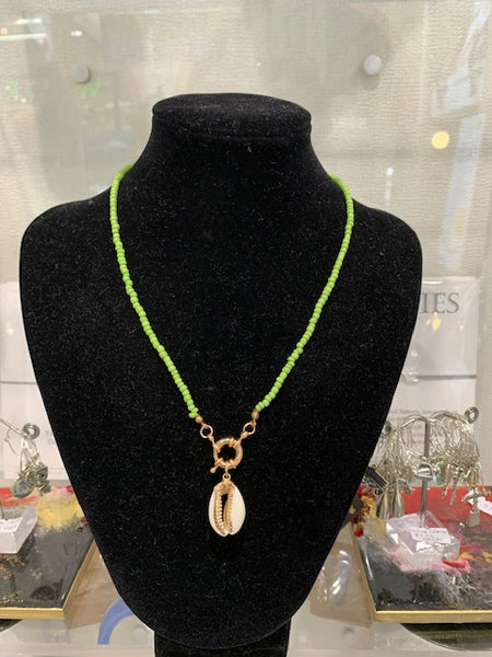 Green Beaded Brass Shell Necklace