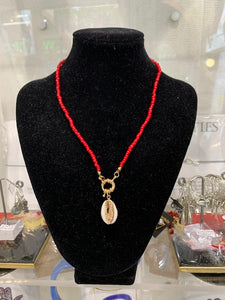 Red Beaded Brass Shell Necklace