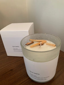 Sandalwood scented, Palo Santo Infused Candle. (240g)