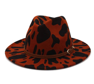 Burnt Toffee Cow Print Fedora Hat with Detachable Belt